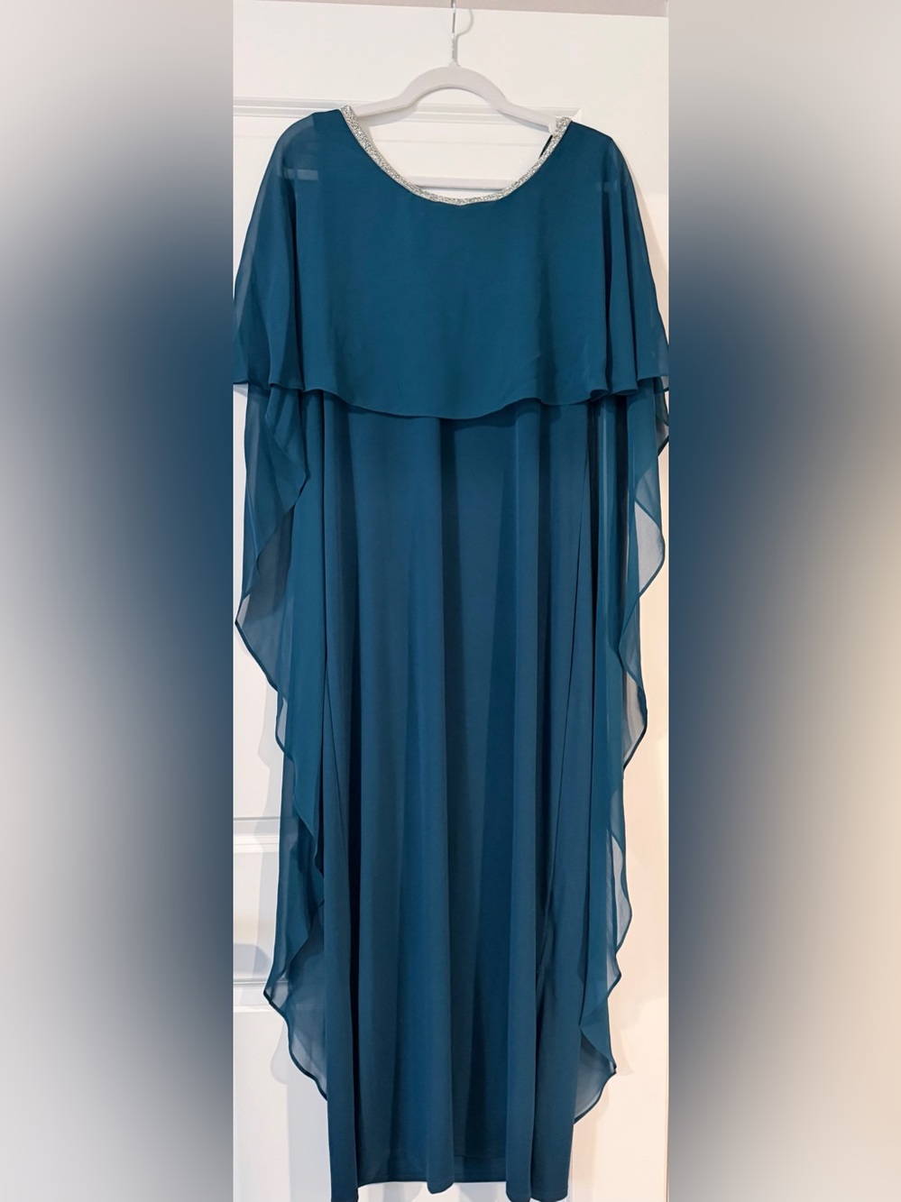 Chiffon Overlay Maxi Dress in Teal with Embellished Neckline